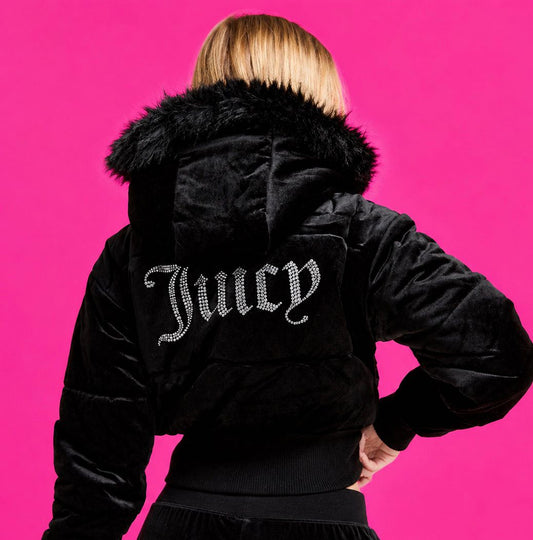 Juicy Couture Black Rosalia Hooded Puffer Jacket Size Large