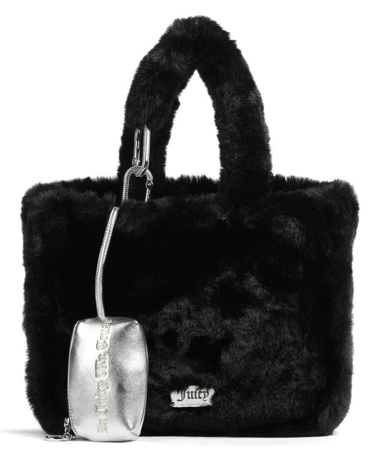 Juicy Couture Black Faux Fur Tote with Silver Pouch