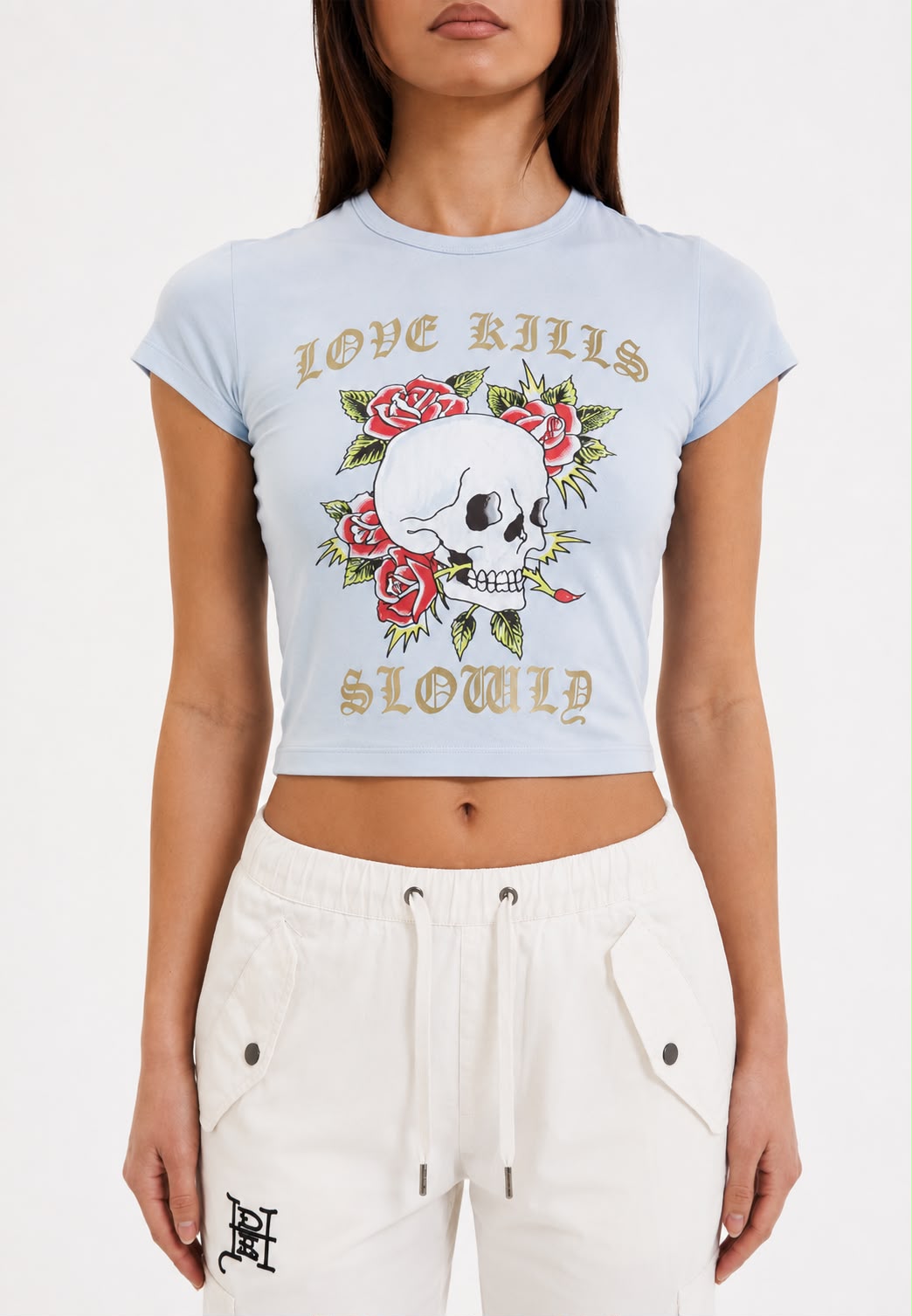 Ed Hardy Light Blue Love Kills Crop Tee