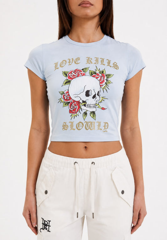 Ed Hardy Light Blue Love Kills Crop Tee